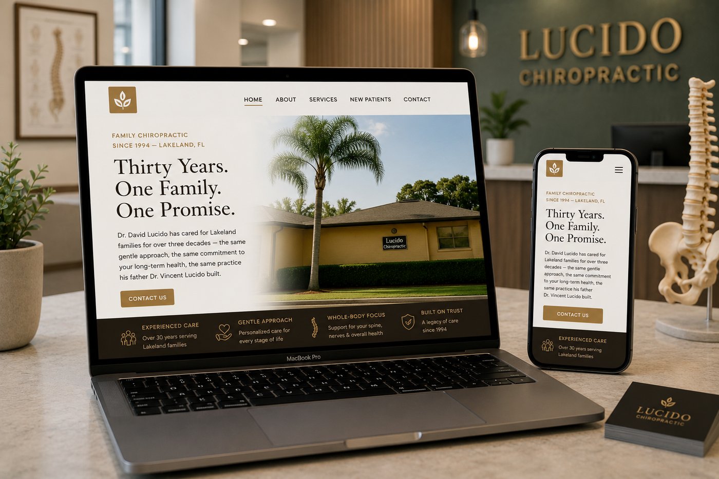 Family chiropractic website design shown on laptop and phone