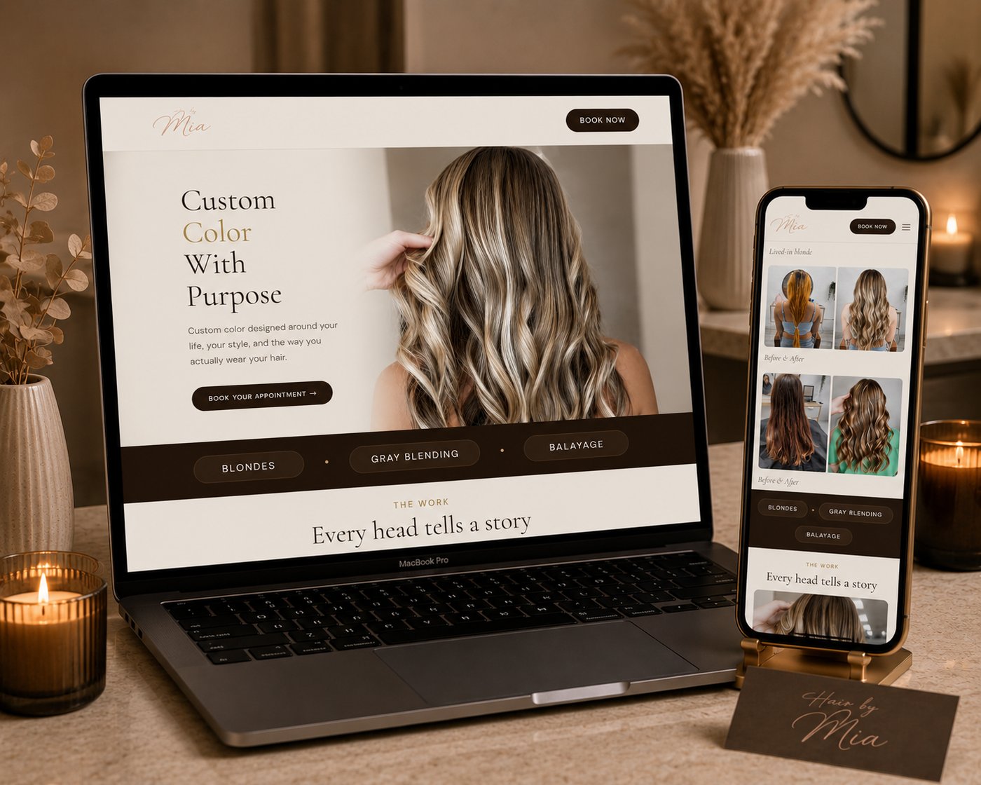 Hair stylist and color salon website design shown on laptop and phone