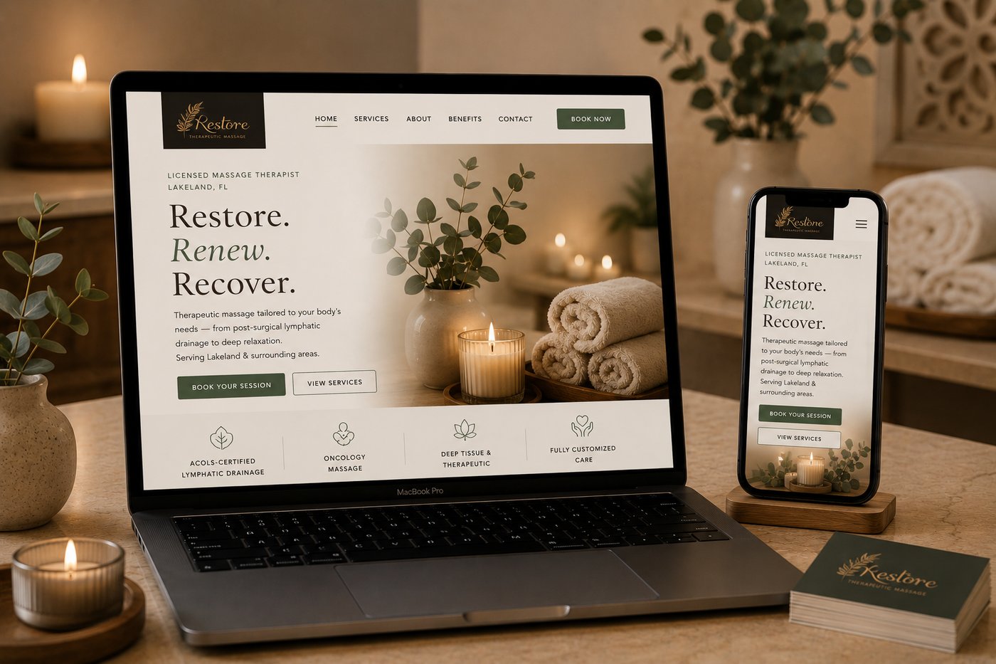 Massage therapy website design shown on laptop and phone
