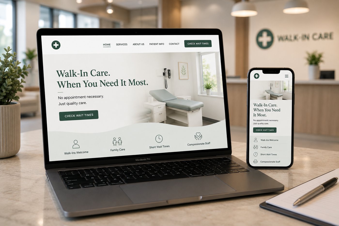 Walk-in clinic website design shown on laptop and phone